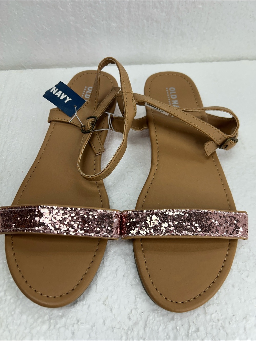 Old Navy Tan Sandals with Rose Gold Glitter Strap